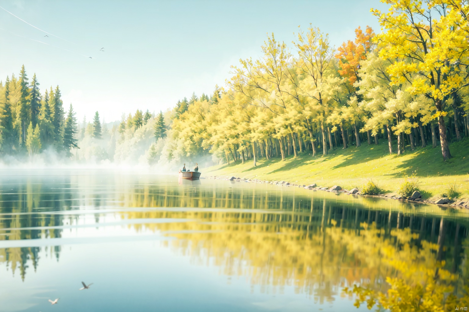 capture a serene early spring scene on a misty lake a wooden boat. trees with fresh green buds line the shore. above, a pair of swallows fly among young willow branches. the atmosphere is calm and expectant, signaling the awakening of nature, gf, ycbh