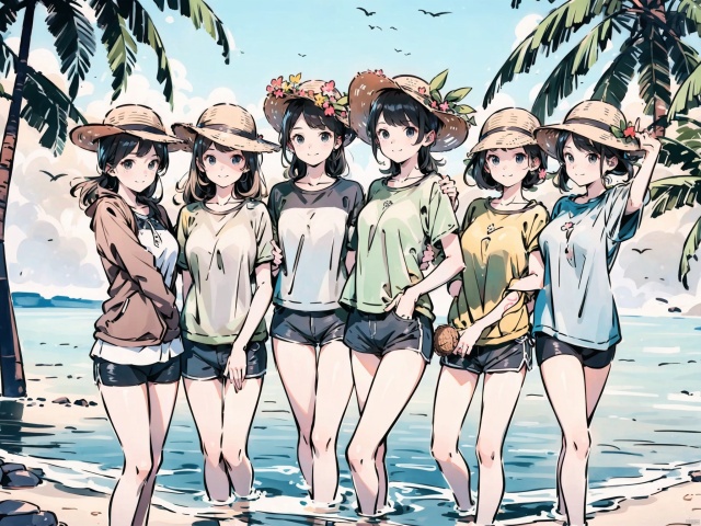  (masterpiece), (best quality), Exquisite visuals, high-definition, (ultra detailed), finely detail,

4+ girls, multiple colored hairs, random cute faces, super happy smiling, laughing, group shot,

(action_pose:1.2),

(water clothes and hats), (short shorts:1.6),
The environment is next to the beach, with coconut trees and many seashells on the beach, tattoo, ((poakl)), tianyahaojiao