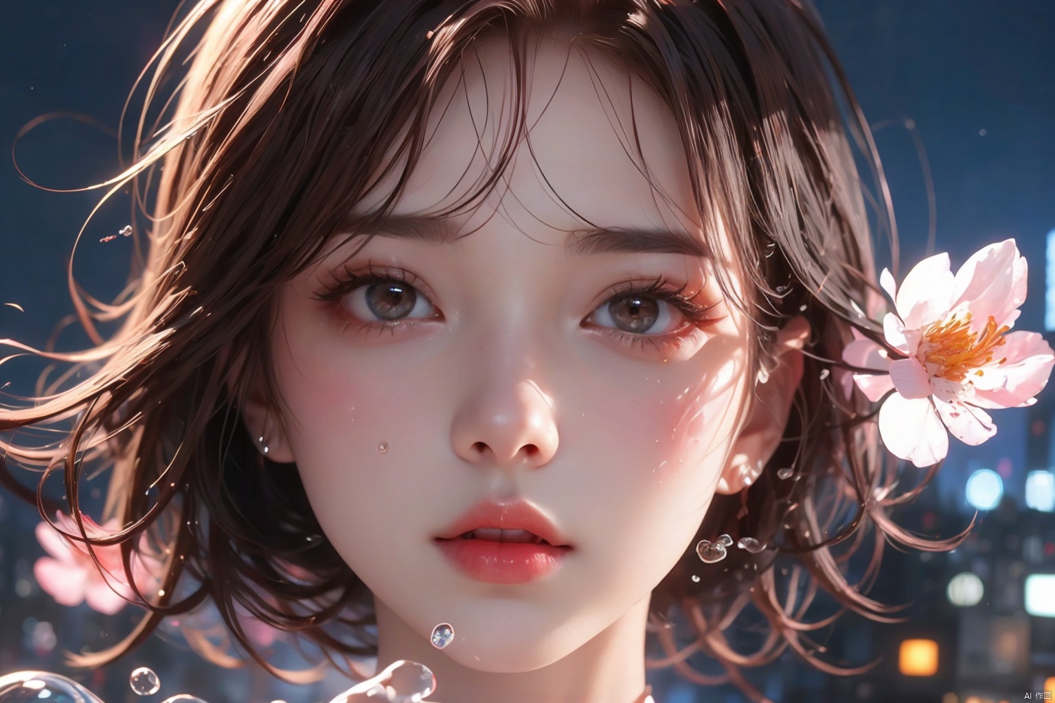  KK-Comic Style,looking at viewer,bangs,lips,makeup,on bed,red lips,peach blossom eye,pink hair,crop_top,skirt,night_sky,rooftop,city,neon lights,highly detailed,ultra-high resolutions,32K UHD,best quality,masterpiece,

1girl\((bishoujo), (lovely face:1.6), (reddish black hair:1.6), (browneyes:1.6), (small breast:1.8), (straight_hair:1.4), (short_hair:1.4), plump_*****, (hairless:1.2), long_legs, sharp_eyelid, black eyeliner, black eyelashes, reddish eyeshadow, (perfect detailed face), (pink lipgloss:1.3), (perfect hands)\),
(cry:1.4), (grimace:1.4),from side,
water drop,water, partiallysubmerged,flower,airbubble