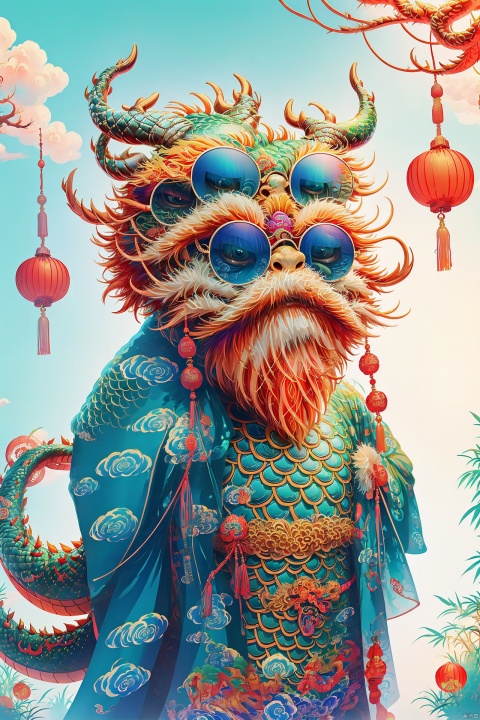  Half a dragon, a Chinese dragon, youthful and immortal, with pearl like scales, gorgeous colors, cute and quirky style, exquisite bear, majestic horns, wearing-green Chinese Hanfu, paired with round sunglasses, rich and colorful, full of youthful Natural, ultra-high, color-angle, stunning, film photography, longyeye