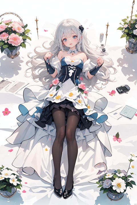  (Shoulder_armor:1.3), (skirt:1.2), Earrings, 
(wearing pointy_high-heeled_shoes:1.3), (pantyhose:1.3), 
(curvy:1.2), (skinny:1.2), (silvery hair:1.2), (long hair), 
(black_eyes, Beautiful and delicate eyes),
(flower hair clip:1.3), (Floral ornament:1.1), 
(masterpiece:1.2),
(solo:1.2), full_shot, fullbody, full_body, intricate detail, ultra-detailed, 
an extremely delicate and beautiful, best quality, watercolorbg, soft, anime style, key visual, vibrant, studio anime, highly detailed,
(Princess costume:1.2),

palace, palace complex, palatial architecture, 
seraglio, 

multiple colored hairs, sweet princess, random cute faces, super happy smiling, group shot, zoom camera, (close eyes:1.2),
(lolita_fashion), (dynamic_pose:1.2), 
((1girl)), full_body, from_above, lying, knees_together_feet_apart, looking_at_viewer, small_breasts, long_hair, lolita_fashion, ribbon, foot focus, White pantyhose, (lying on back:1.3), 




