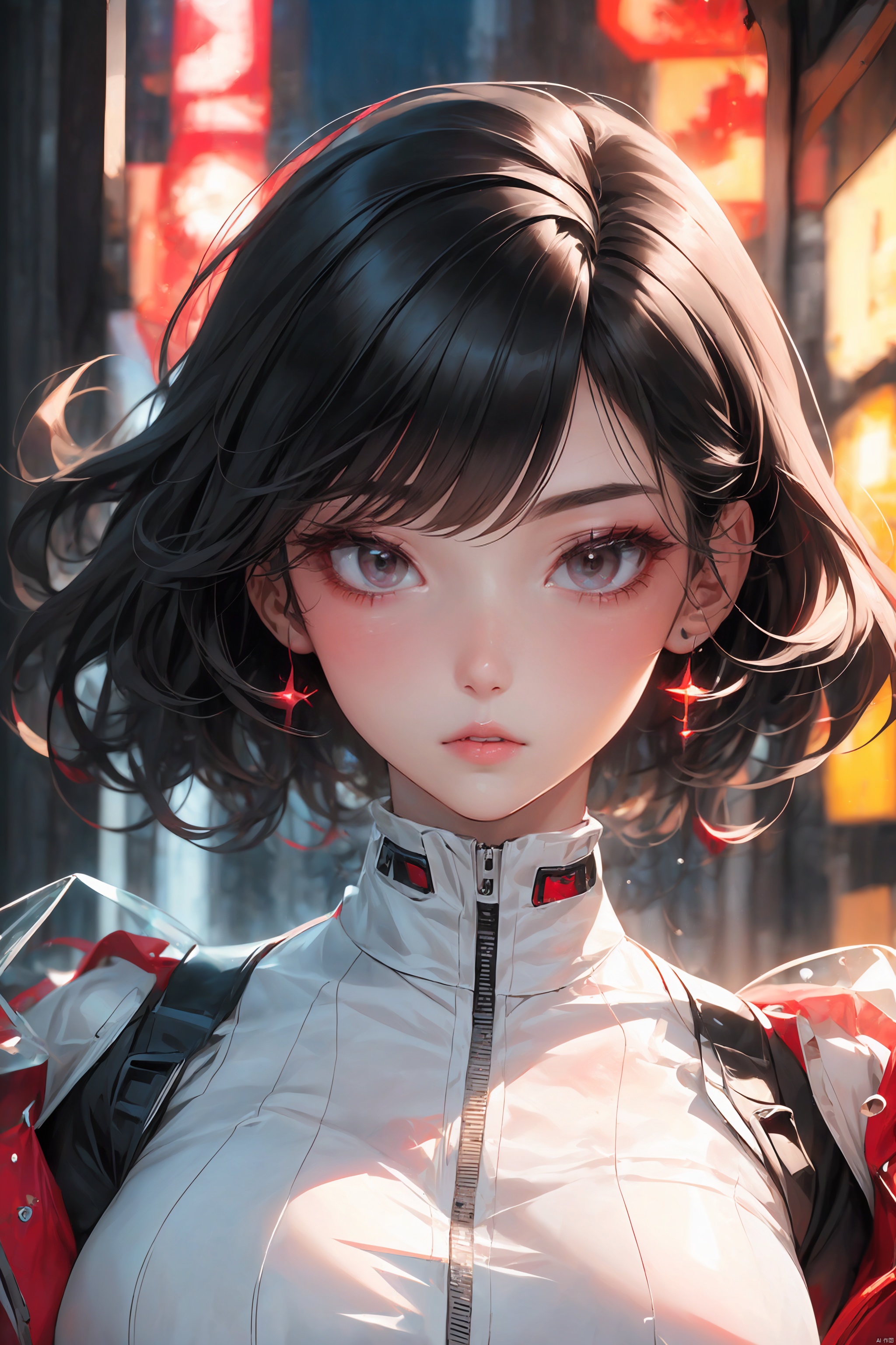  KK-Comic Style, looking at viewer,
bangs,lips, makeup, on bed,
skirt, night_sky, rooftop, city, 
neon lights, highly detailed, 
ultra-high resolutions, 32K UHD,
best quality, masterpiece,
partiallysubmerged, flower, airbubble, ((poakl))

1girl\((bishoujo), (lovely face:1.4), (pure black hair:1.4), (black eyes:1.3), (small breast:1.0), (straight_hair:1.4), (short_hair:1.4), slim, long_legs, black eyeliner, black eyelashes, pink eyeshadow, 
(perfect detailed face), (pink lipgloss:1.3), (perfect hands)\),
red Ultra-thin transparent, (silver Ultra-thin transparent mech:1.3), (all red color scheme:1.4), 

(short shorts:1.4),