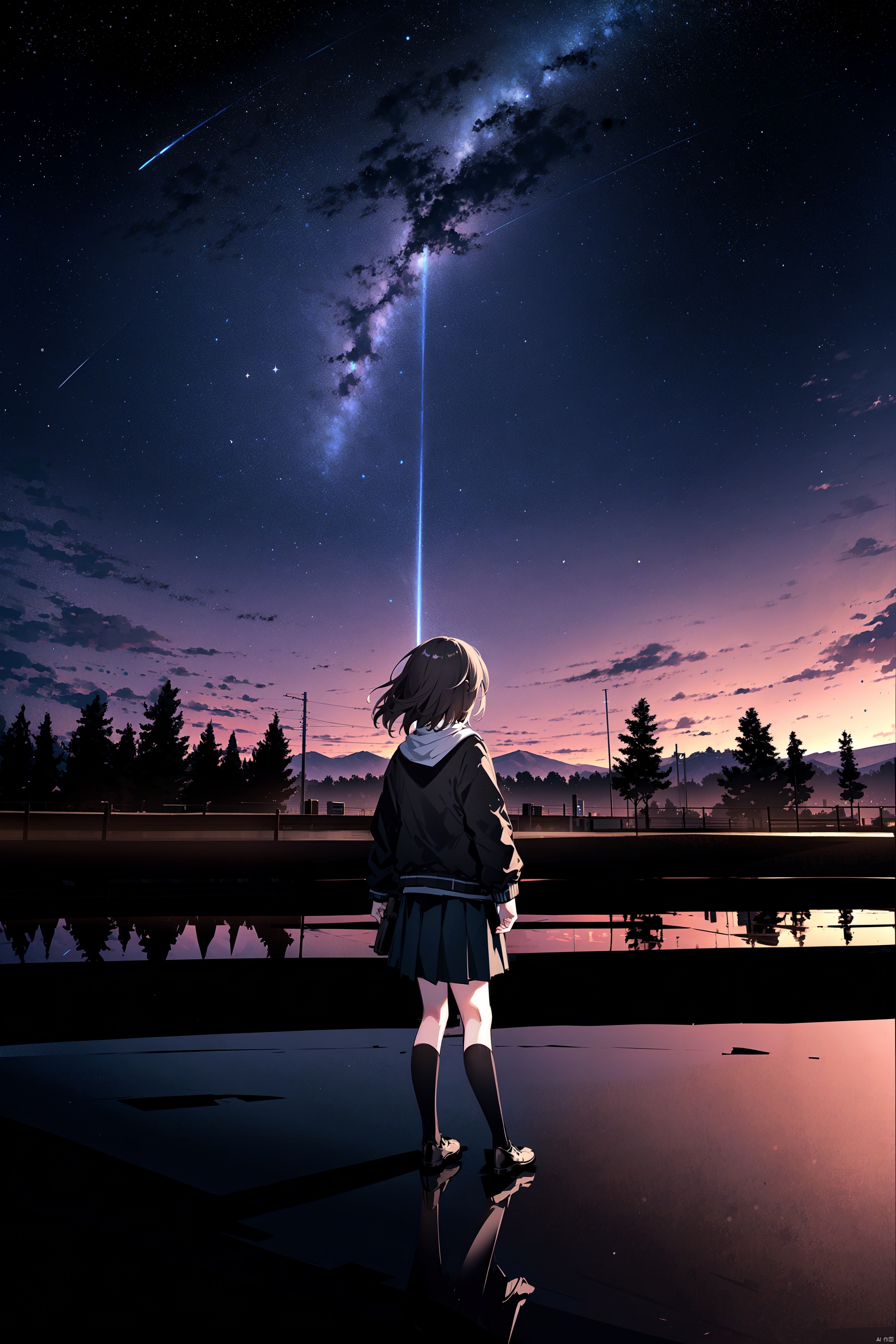  best quality, amazing quality, very aesthetic,1girl, sky, star_\(sky\), solo, skirt, cloud, socks, starry_sky, school_uniform, outstretched_arms, outdoors, short_hair, kneehighs, scenery, long_sleeves, from_behind, jacket, black_socks, spread_arms, pleated_skirt, reflection, brown_hair, building, tree, facing_away, black_jacket, floating, blazer, black_skirt, night, no_shoes, black_hair