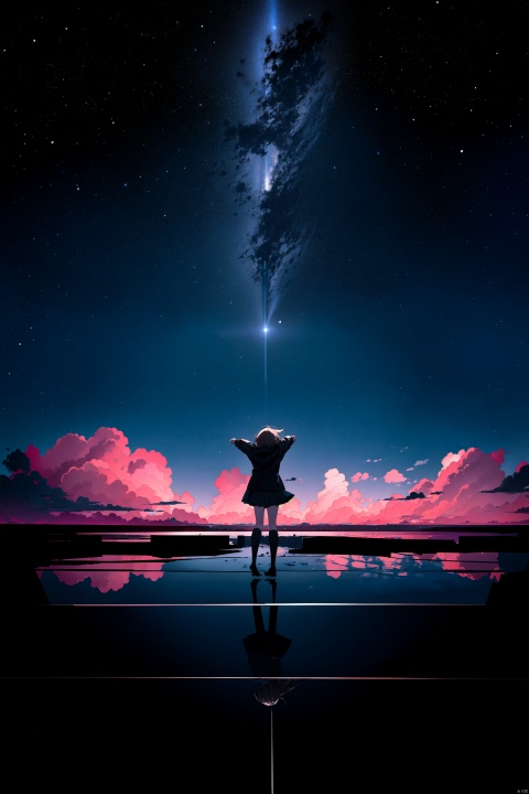  best quality, amazing quality, very aesthetic,1girl, sky, star_\(sky\), solo, skirt, cloud, socks, starry_sky, school_uniform, outstretched_arms, outdoors, short_hair, kneehighs, scenery, long_sleeves, from_behind, jacket, black_socks, spread_arms, pleated_skirt, reflection, brown_hair, building, tree, facing_away, black_jacket, floating, blazer, black_skirt, night, no_shoes, black_hair