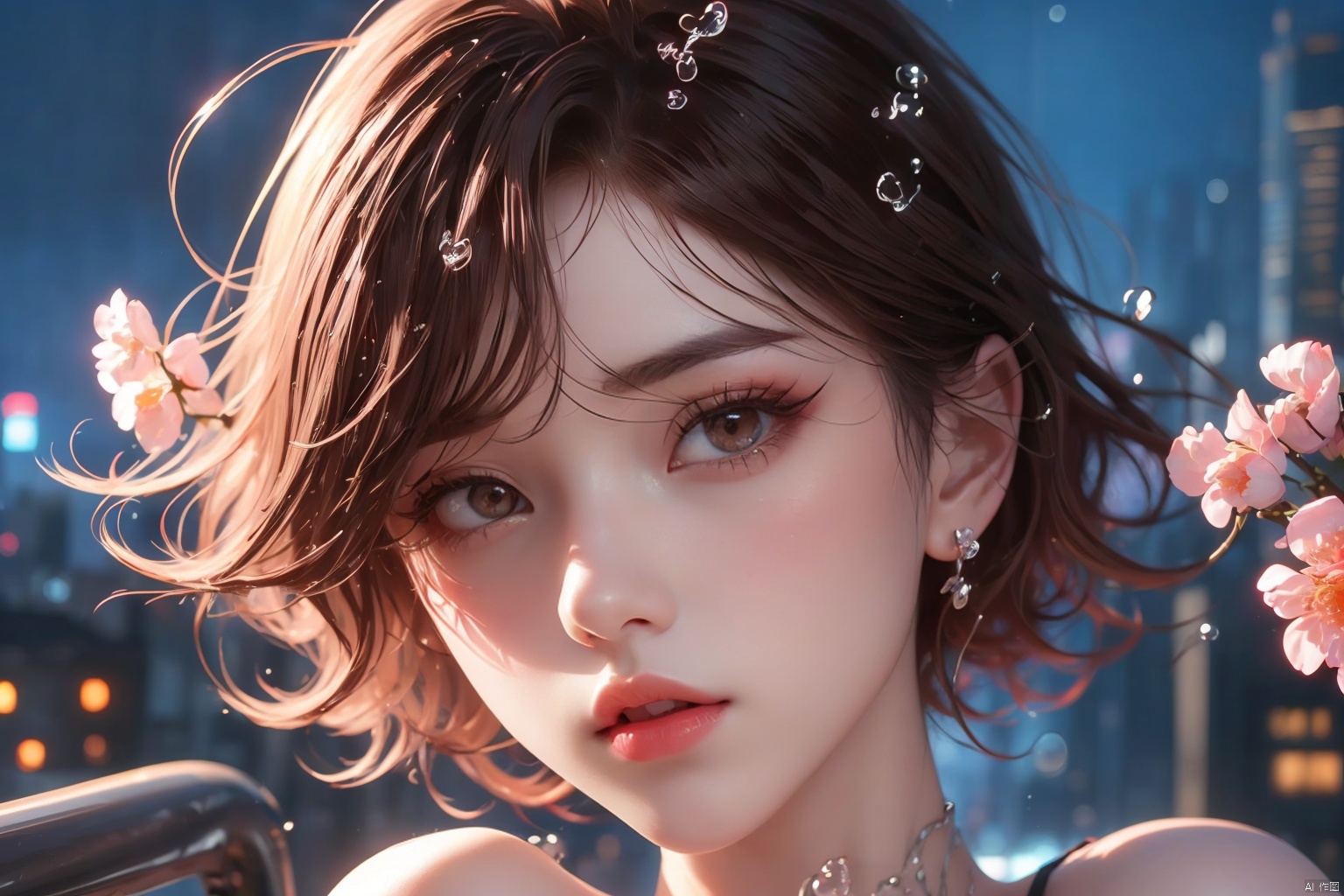  KK-Comic Style,looking at viewer,bangs,lips,makeup,on bed,red lips,peach blossom eye,pink hair,crop_top,skirt,night_sky,rooftop,city,neon lights,highly detailed,ultra-high resolutions,32K UHD,best quality,masterpiece,

1girl\((bishoujo), (lovely face:1.6), (reddish black hair:1.6), (browneyes:1.6), (small breast:1.8), (straight_hair:1.4), (short_hair:1.4), plump_*****, (hairless:1.2), long_legs, sharp_eyelid, black eyeliner, black eyelashes, reddish eyeshadow, (perfect detailed face), (pink lipgloss:1.3), (perfect hands)\),

water drop,water, partiallysubmerged,flower,airbubble