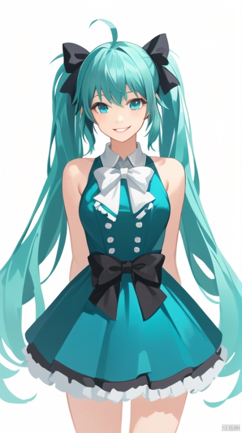  (best quality), ((masterpiece)), (highres), illustration, original, extremely detailed,solo, 1girl, hatsune miku, white background, long hair, smile, twintails, dress, bow, simple background, looking at viewer, blue eyes, blue dress, hair bow, ahoge, cowboy shot, very long hair, black bow, sleeveless, bangs
