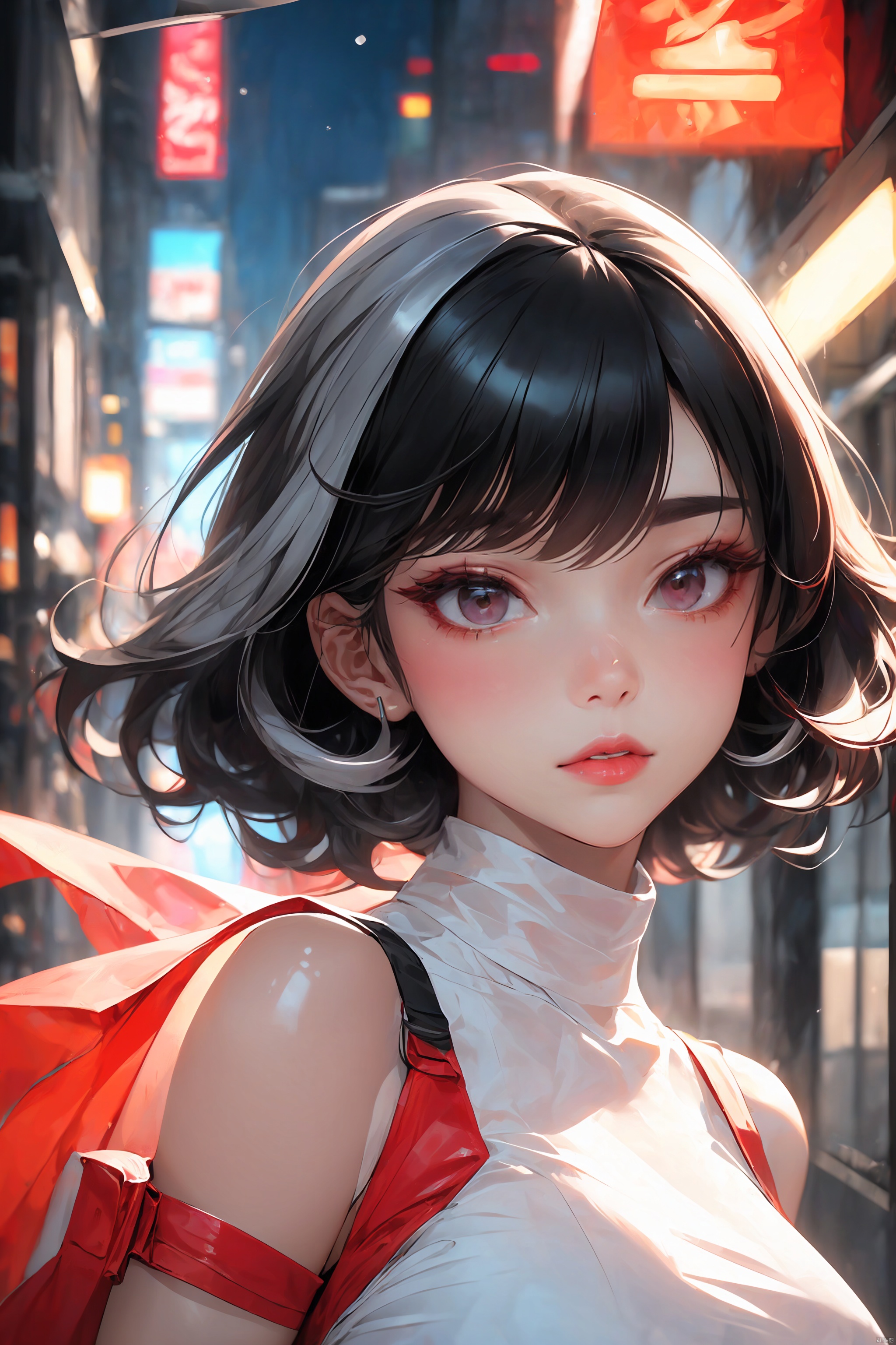  KK-Comic Style, looking at viewer,
bangs,lips, makeup, on bed,
skirt, night_sky, rooftop, city, 
neon lights, highly detailed, 
ultra-high resolutions, 32K UHD,
best quality, masterpiece,
partiallysubmerged, flower, airbubble, ((poakl))

1girl\((bishoujo), (lovely face:1.4), (pure black hair:1.4), (black eyes:1.3), (small breast:1.0), (straight_hair:1.4), (short_hair:1.4), slim, long_legs, black eyeliner, black eyelashes, pink eyeshadow, 
(perfect detailed face), (pink lipgloss:1.3), (perfect hands)\),
red Ultra-thin transparent, (silver Ultra-thin transparent mech:1.3), (all red color scheme:1.4), 

(short shorts:1.4),