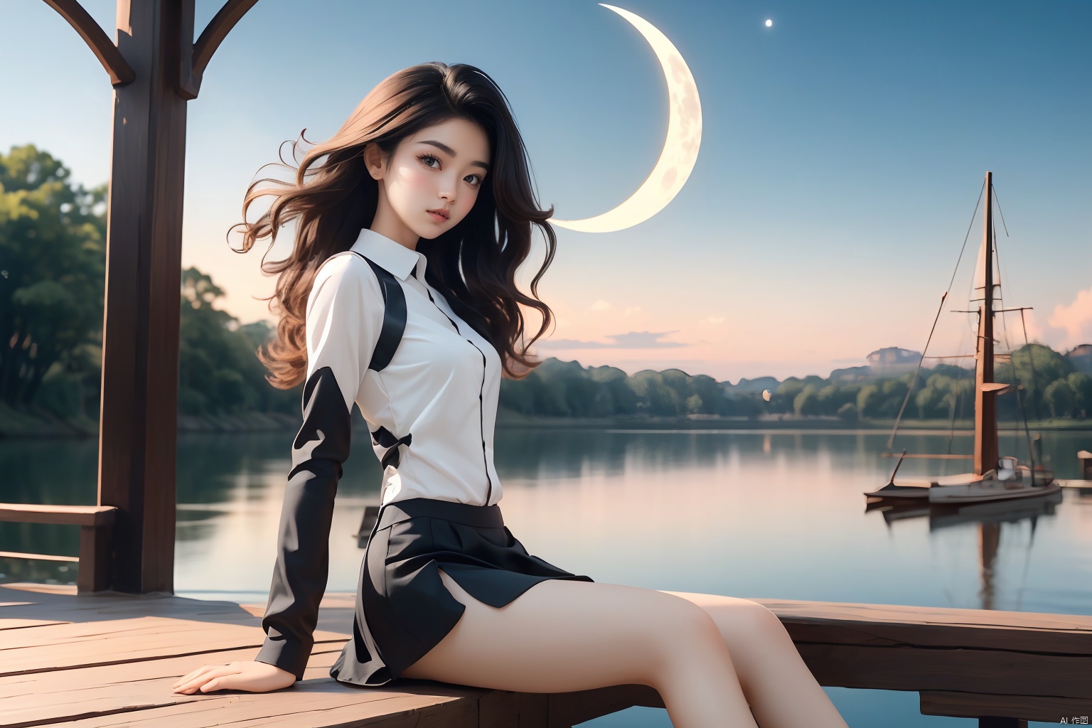 The curved bridge was reflected in the lake
You look at it from the other side and the moonlight is perfect
1girl,solo,((messy hair)),(long_hair), 
(reddish black hair), (straight_hair), (browneyes), 
(small breast), slim, long_legs,
,floating hair,water eyes, ((poakl))