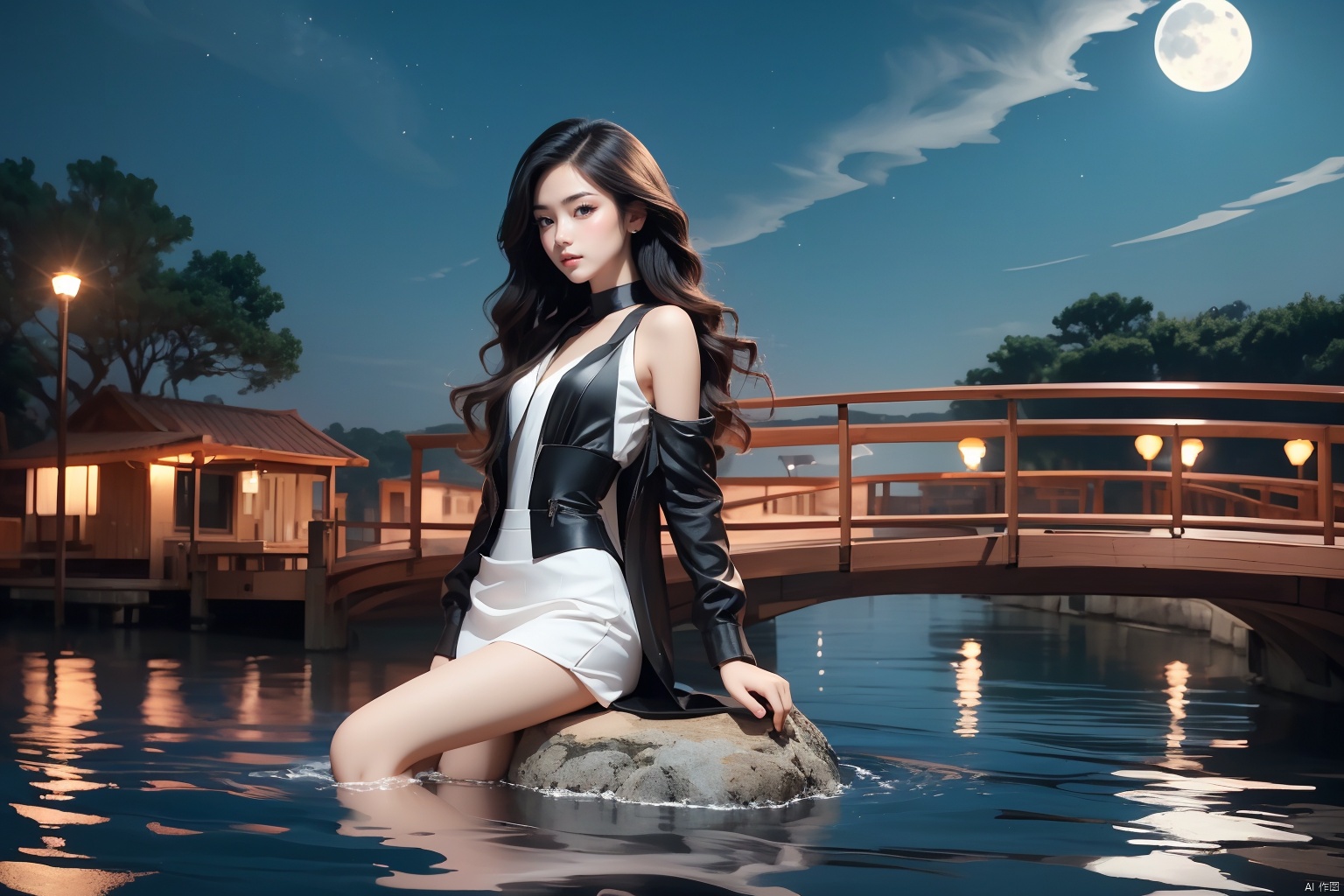 The curved bridge was reflected in the lake
You look at it from the other side and the moonlight is perfect
1girl,solo,((messy hair)),(long_hair), 
(reddish black hair), (straight_hair), (browneyes), 
(small breast), slim, long_legs,
,floating hair,water eyes, ((poakl))