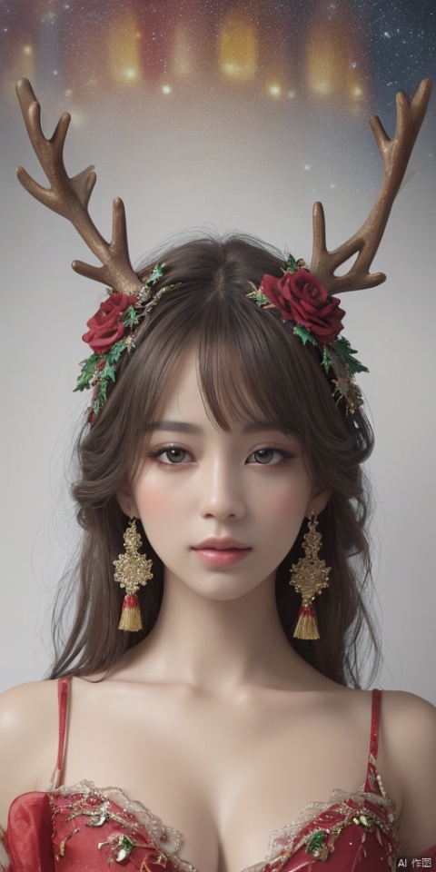  1girl,Bartosi Christmas Hair Clips Reindeer Antlers Hairpin Xmas Deer Antler Hair Barrettes Tassel Christmas Party Holiday Gift Hair Accessories for Women and Girls ,Han Chinese girls,yellow Hanfu,chinese clothes,large breasts,red rose,jewelry, earrings,lips, makeup, portrait, eyeshadow, realistic, nose,{{best quality}}, {{masterpiece}}, {{ultra-detailed}}, {illustration}, {detailed light}, {an extremely delicate and beautiful}, a girl, {beautiful detailed eyes}, stars in the eyes, messy floating hair, colored inner hair, Starry sky adorns hair, depth of field, large breasts,cleavage,blurry, no humans, traditional media, gem, crystal, still life, Dance,movements, All the Colours of the Rainbow,zj,
simple background, shiny, blurry, no humans, depth of field, black background, gem, crystal, realistic, red gemstone, still life,
