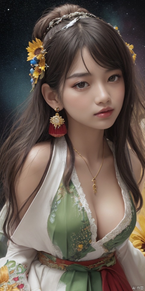 1girl,,Han Chinese girls,Green and White Hanfu,chinese clothes,large breasts,sunflower,jewelry, earrings,lips, makeup, portrait, eyeshadow, realistic, nose,{{best quality}}, {{masterpiece}}, {{ultra-detailed}}, {illustration}, {detailed light}, {an extremely delicate and beautiful}, a girl, {beautiful detailed eyes}, stars in the eyes, messy floating hair, colored inner hair, Starry sky adorns hair, depth of field, large breasts,blurry, no humans, traditional media, gem, crystal, still life, Dance,movements, All the Colours of the Rainbow,zj,
simple background, shiny, blurry, no humans, depth of field, black background, gem, crystal, realistic, red gemstone, still life,