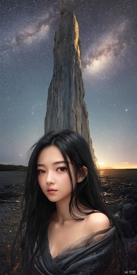  1girl,She has long black hair, often gently draped over her shoulders, and her bright eyes are like stars in the night sky, constantly shining with the light of wisdom.