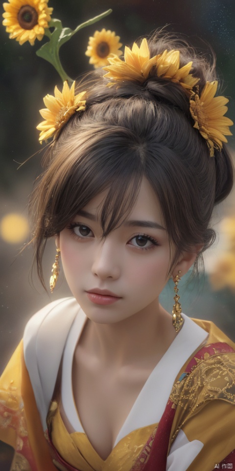 1girl,anime, (masterpiece,  top quality,  best quality,  official art,  beautiful and aesthetic:1.2),  (1girl),  upper body, extreme detailed, (fractal art:1.3), colorful,  flowers , highest detailed
,Han Chinese girls,yellow Hanfu,chinese clothes,large breasts,sunflower,jewelry, earrings,lips, makeup, portrait, eyeshadow, realistic, nose,{{best quality}}, {{masterpiece}}, {{ultra-detailed}}, {illustration}, {detailed light}, {an extremely delicate and beautiful}, a girl, {beautiful detailed eyes}, stars in the eyes, messy floating hair, colored inner hair, Starry sky adorns hair, depth of field, large breasts,cleavage,blurry, no humans, traditional media, gem, crystal, still life, Dance,movements, All the Colours of the Rainbow,zj,
simple background, shiny, blurry, no humans, depth of field, black background, gem, crystal, realistic, red gemstone, still life,
