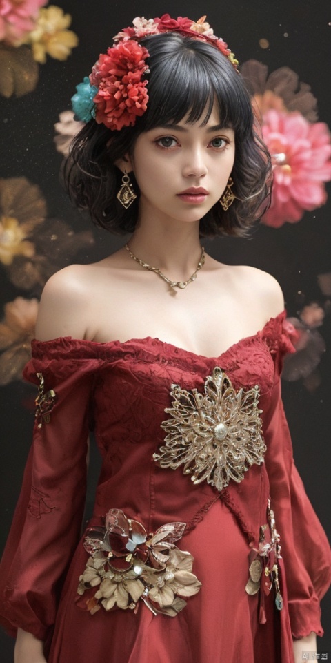 1girl, solo, short hair, brown hair, hair ornament, long sleeves, dress, cleavage, bare shoulders, full body, flower, red hair, detached sleeves, japanese clothes, hair flower,jewelry, earrings,lips, makeup, portrait, eyeshadow, realistic, nose,{{best quality}}, {{masterpiece}}, {{ultra-detailed}}, {illustration}, {detailed light}, {an extremely delicate and beautiful}, a girl, {beautiful detailed eyes}, stars in the eyes, messy floating hair, colored inner hair, Starry sky adorns hair, depth of field, large breasts,blurry, no humans, traditional media, gem, crystal, still life, Dance,movements, All the Colours of the Rainbow,zj,
simple background, shiny, blurry, no humans, depth of field, black background, gem, crystal, realistic, red gemstone, still life,