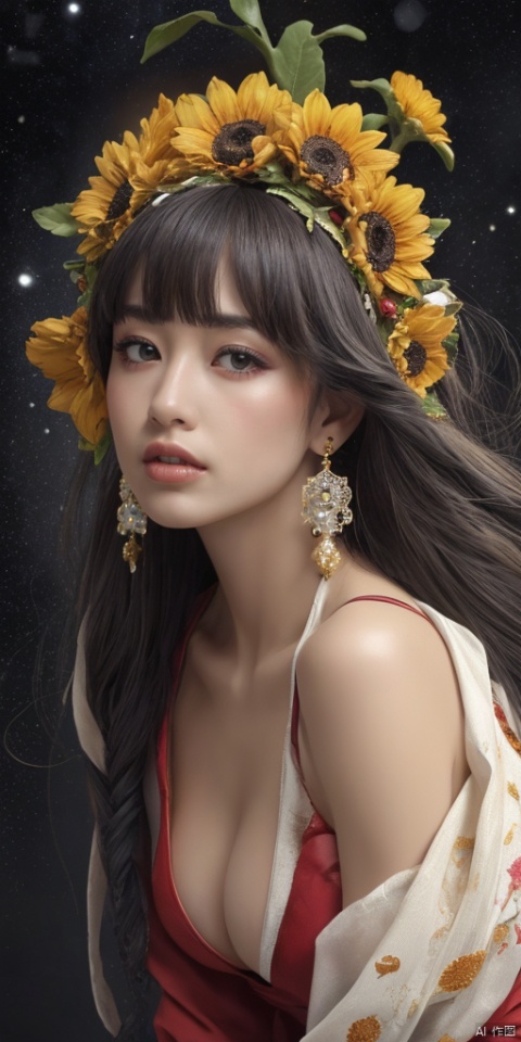  1girl,Han Chinese girls,yellow Hanfu,chinese clothes,large breasts,sunflower,jewelry, earrings,lips, makeup, portrait, eyeshadow, realistic, nose,{{best quality}}, {{masterpiece}}, {{ultra-detailed}}, {illustration}, {detailed light}, {an extremely delicate and beautiful}, a girl, {beautiful detailed eyes}, stars in the eyes, messy floating hair, colored inner hair, Starry sky adorns hair, depth of field, large breasts,cleavage,blurry, no humans, traditional media, gem, crystal, still life, Dance,movements, All the Colours of the Rainbow,zj,
simple background, shiny, blurry, no humans, depth of field, black background, gem, crystal, realistic, red gemstone, still life,
