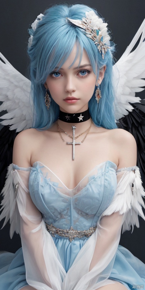  1girl, dance, Fairy, crystal, jewels,black, wings,Holy Light,As white as rosy clouds, 
1girl, solo, long hair, looking at viewer, blush, bangs, blue eyes, hair ornament, long sleeves, hair between eyes, jewelry, sitting, very long hair, closed mouth, blue hair, earrings, wings, choker, virtual youtuber, necklace, star \(symbol\), sweater, sleeves past wrists, black choker, halo, cross, feathered wings, puffy long sleeves, angel wings, star hair ornament, white wings, angel, star earrings, cross necklace, latin cross, star necklace