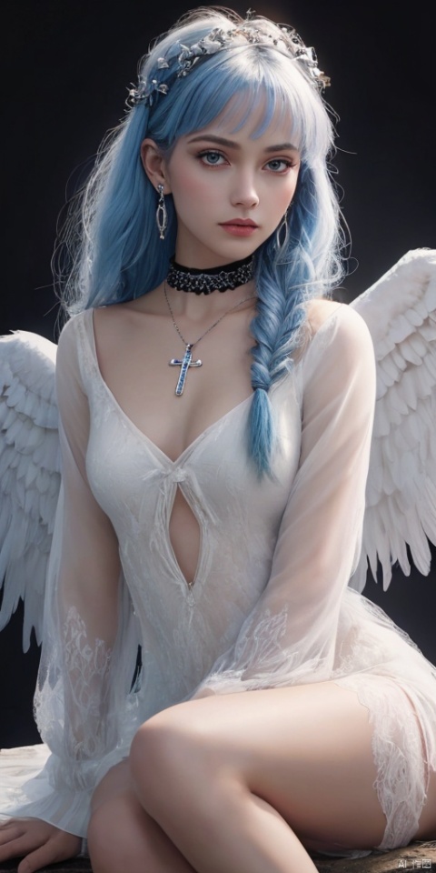  1girl, dance, Fairy, crystal, jewels,black, wings,Holy Light,As white as rosy clouds, 
1girl, solo, long hair, looking at viewer, blush, bangs, blue eyes, hair ornament, long sleeves, hair between eyes, jewelry, sitting, very long hair, closed mouth, blue hair, earrings, wings, choker, virtual youtuber, necklace, star \(symbol\), sweater, sleeves past wrists, black choker, halo, cross, feathered wings, puffy long sleeves, angel wings, star hair ornament, white wings, angel, star earrings, cross necklace, latin cross, star necklace,pink hair,Shadow play, the picture covered with tulle, hazy, backlight, silhouette, a beautiful and beautiful ancient girl, beautiful and beautiful, the center of light, dazzling light and shadow, artistic conception ink, white background, clean background, poster composition