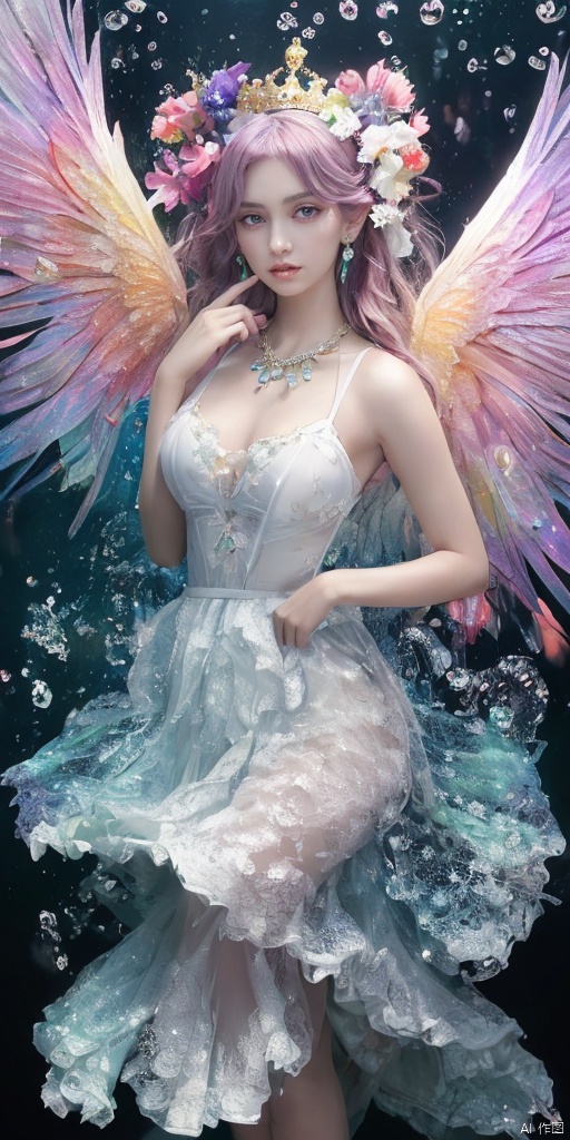  (1girl:1.2),stars in the eyes,hologram Wings with blue and purple fabric,transparent/translucent medium,photorealistic,glowing,(pure girl:1.1),(white dress:1.1),(full body:0.6),There are many scattered luminous petals,bubble,contour deepening,(white_background:1.1),cinematic angle,,underwater,adhesion,green long upper shan, 21yo girl,jewelry, earrings,lips, makeup, portrait, eyeshadow, realistic, nose,{{best quality}}, {{masterpiece}}, {{ultra-detailed}}, {illustration}, {detailed light}, {an extremely delicate and beautiful}, a girl, {beautiful detailed eyes}, stars in the eyes, messy floating hair, colored inner hair, Starry sky adorns hair, depth of field, large breasts,cleavage,blurry, no humans, traditional media, gem, crystal, still life, Dance,movements, All the Colours of the Rainbow,zj,
simple background, shiny, blurry, no humans, depth of field, black background, gem, crystal, realistic, red gemstone, still life,
, wings, jewels
 1girl,Fairyland Collection Dark Fairy Witch Spirit Forest with Magic Ball On Crystal Stone Figurine, 

