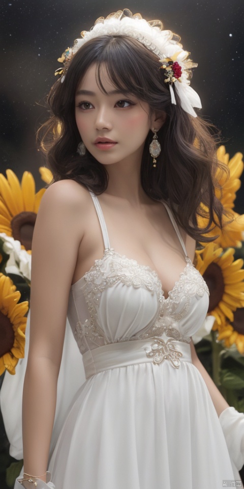 1girl,Elegant charm,Han Chinese girls,white Hanfu,chinese clothes,large breasts,sunflower,jewelry, earrings,lips, makeup, portrait, eyeshadow, realistic, nose,{{best quality}}, {{masterpiece}}, {{ultra-detailed}}, {illustration}, {detailed light}, {an extremely delicate and beautiful}, a girl, {beautiful detailed eyes}, stars in the eyes, messy floating hair, colored inner hair, Starry sky adorns hair, depth of field, large breasts,cleavage,blurry, no humans, traditional media, gem, crystal, still life, Dance,movements, All the Colours of the Rainbow,zj,
simple background, shiny, blurry, no humans, depth of field, black background, gem, crystal, realistic, red gemstone, still life,
