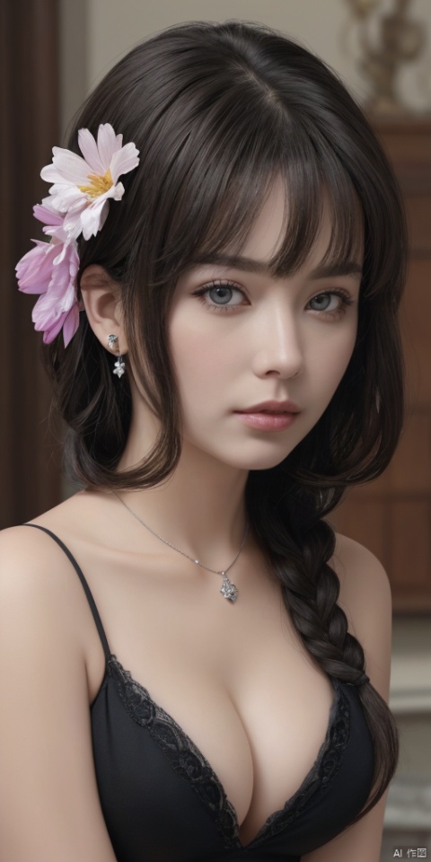  1girl, solo, long hair, breasts, looking at viewer, bangs, black hair, hair ornament, dress, cleavage, bare shoulders, jewelry, upper body, braid, flower, earrings, hair flower, necklace, lips, single braid, own hands together, realistic,Black eyes,lips, makeup, portrait, eyeshadow, realistic, nose,{{best quality}}, {{masterpiece}}, {{ultra-detailed}}, {illustration}, {detailed light}, {an extremely delicate and beautiful}, a girl, {beautiful detailed eyes}, large breasts,cleavage,zj,
