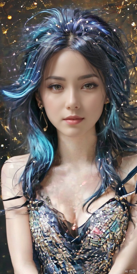  1girl,Mosaic dress,dance, Fairy, crystal, jewels,black, Crystal clear,solo, long hair, looking at viewer,black hair,jewelry, earrings,lips, makeup, portrait, eyeshadow, realistic, nose,{{best quality}}, {{masterpiece}}, {{ultra-detailed}}, {illustration}, {detailed light}, {an extremely delicate and beautiful}, a girl, {beautiful detailed eyes}, stars in the eyes, messy floating hair, colored inner hair, Starry sky adorns hair, depth of field, large breasts,cleavage,zj,
blurry, no humans, traditional media, gem, crystal, still life, Dance,movements