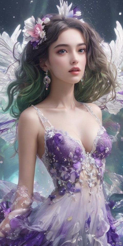  (1girl:1.2),stars in the eyes,hologram Wings with blue and purple fabric,transparent/translucent medium,photorealistic,glowing,(pure girl:1.1),(white dress:1.1),(full body:0.6),There are many scattered luminous petals,bubble,contour deepening,(white_background:1.1),cinematic angle,,underwater,adhesion,green long upper shan, 21yo girl,jewelry, earrings,lips, makeup, portrait, eyeshadow, realistic, nose,{{best quality}}, {{masterpiece}}, {{ultra-detailed}}, {illustration}, {detailed light}, {an extremely delicate and beautiful}, a girl, {beautiful detailed eyes}, stars in the eyes, messy floating hair, colored inner hair, Starry sky adorns hair, depth of field, large breasts,cleavage,blurry, no humans, traditional media, gem, crystal, still life, Dance,movements, All the Colours of the Rainbow,zj,
simple background, shiny, blurry, no humans, depth of field, black background, gem, crystal, realistic, red gemstone, still life,
, wings, jewels
 1girl,Fairyland Collection Dark Fairy Witch Spirit Forest with Magic Ball On Crystal Stone Figurine, 
