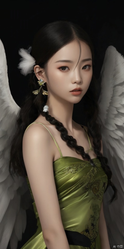  1girl, Han Chinese girls,solo, short hair, simple background, black hair, jewelry, earrings, black eyes, lips, portrait, realistic
feathered wings, angel wings, white wings