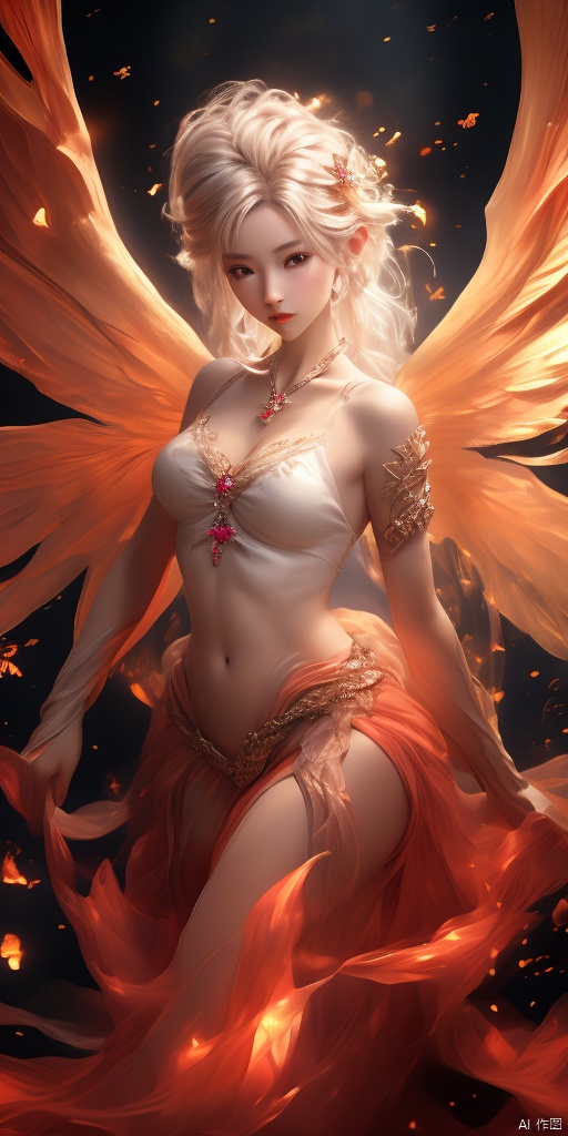  1girl,Fire wings, Fairy, jewels
