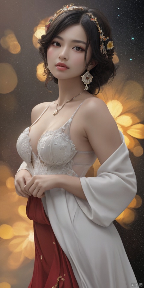 1girl,Elegant charm,Han Chinese girls,white Hanfu,chinese clothes,large breasts,sunflower,jewelry, earrings,lips, makeup, portrait, eyeshadow, realistic, nose,{{best quality}}, {{masterpiece}}, {{ultra-detailed}}, {illustration}, {detailed light}, {an extremely delicate and beautiful}, a girl, {beautiful detailed eyes}, stars in the eyes, messy floating hair, colored inner hair, Starry sky adorns hair, depth of field, large breasts,cleavage,blurry, no humans, traditional media, gem, crystal, still life, Dance,movements, All the Colours of the Rainbow,zj,
simple background, shiny, blurry, no humans, depth of field, black background, gem, crystal, realistic, red gemstone, still life,
