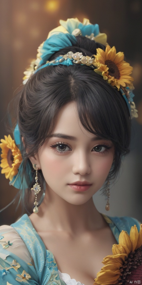 1girl,,Han Chinese girls,Blue and white Hanfu,chinese clothes,large breasts,sunflower,jewelry, earrings,lips, makeup, portrait, eyeshadow, realistic, nose,{{best quality}}, {{masterpiece}}, {{ultra-detailed}}, {illustration}, {detailed light}, {an extremely delicate and beautiful}, a girl, {beautiful detailed eyes}, stars in the eyes, messy floating hair, colored inner hair, Starry sky adorns hair, depth of field, large breasts,cleavage,blurry, no humans, traditional media, gem, crystal, still life, Dance,movements, All the Colours of the Rainbow,zj,
simple background, shiny, blurry, no humans, depth of field, black background, gem, crystal, realistic, red gemstone, still life,
