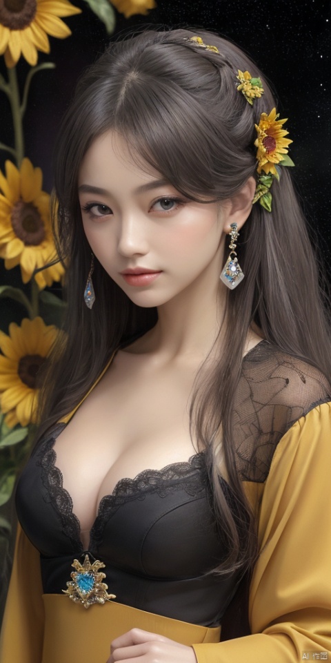 1girl,Bebonnie Womens Ruffle 3/4 Sleeve V Neck Double Layers Mesh Blouses Loose Fit Flowy Tunic Tops,Han Chinese girls,yellow Hanfu,chinese clothes,large breasts,sunflower,jewelry, earrings,lips, makeup, portrait, eyeshadow, realistic, nose,{{best quality}}, {{masterpiece}}, {{ultra-detailed}}, {illustration}, {detailed light}, {an extremely delicate and beautiful}, a girl, {beautiful detailed eyes}, stars in the eyes, messy floating hair, colored inner hair, Starry sky adorns hair, depth of field, large breasts,cleavage,blurry, no humans, traditional media, gem, crystal, still life, Dance,movements, All the Colours of the Rainbow,zj,
simple background, shiny, blurry, no humans, depth of field, black background, gem, crystal, realistic, red gemstone, still life,
