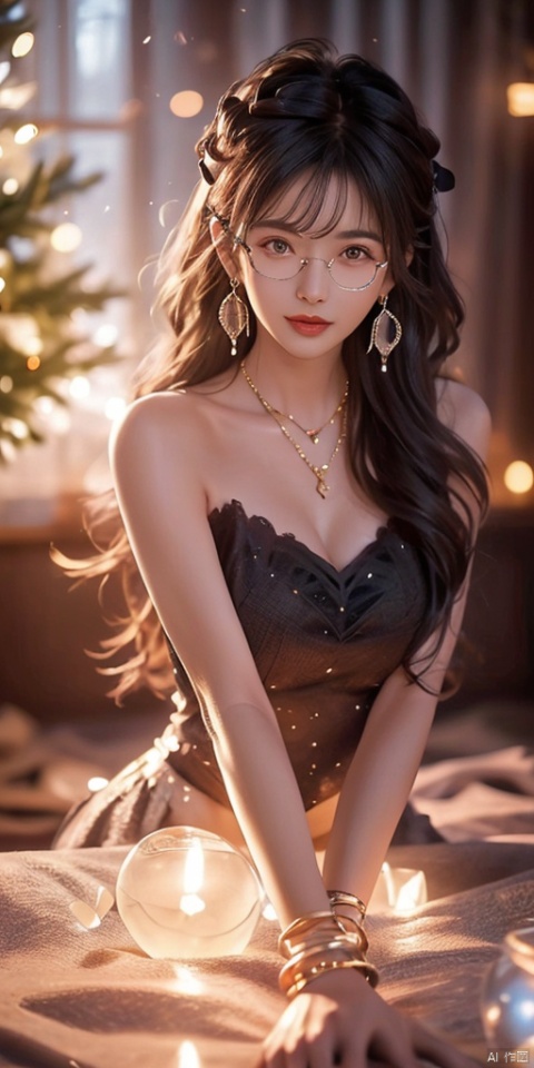 21yo girl, solo, looking at viewer, smile,

Gold-Trim Jewelry, long earrings, bow Hair ornament, Agate Necklace, emerald bracelet,
Diamonds, onyx, enamel,

HDR, Vibrant colors, surreal photography, highly detailed, masterpiece, ultra high res,
high contrast, mysterious, cinematic, fantasy, bright natural light, wangyushan, eyeglasses, christmas, wings, msheying