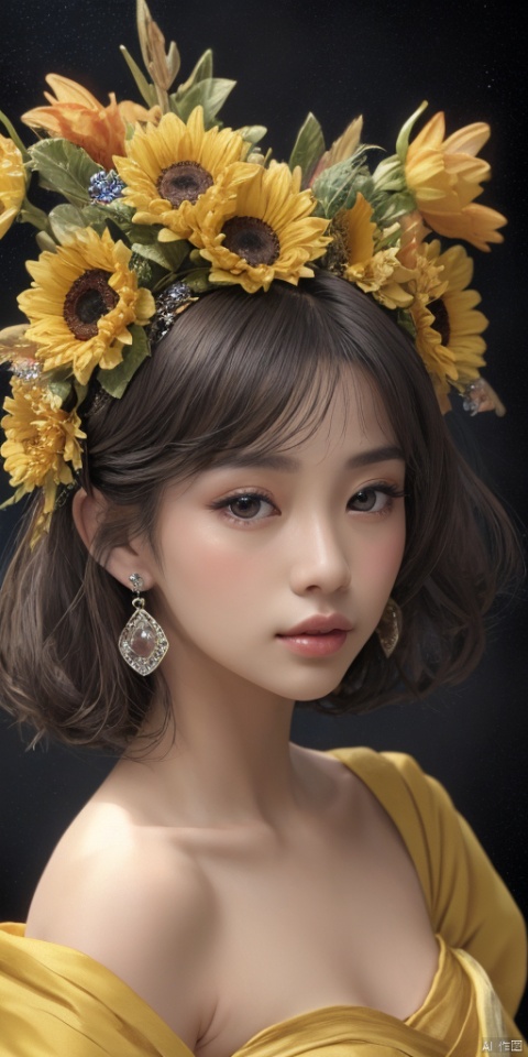 1girl,,Han Chinese girls,Yellow and Green Hanfu,chinese clothes,large breasts,sunflower,jewelry, earrings,lips, makeup, portrait, eyeshadow, realistic, nose,{{best quality}}, {{masterpiece}}, {{ultra-detailed}}, {illustration}, {detailed light}, {an extremely delicate and beautiful}, a girl, {beautiful detailed eyes}, stars in the eyes, messy floating hair, colored inner hair, Starry sky adorns hair, depth of field, large breasts,blurry, no humans, traditional media, gem, crystal, still life, Dance,movements, All the Colours of the Rainbow,zj,
simple background, shiny, blurry, no humans, depth of field, black background, gem, crystal, realistic, red gemstone, still life,
