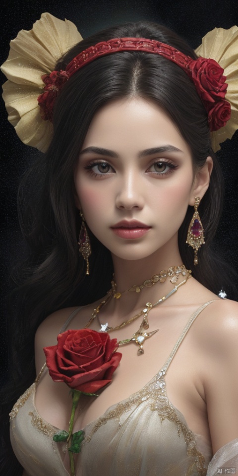  1girl,Han Chinese girls,Flower beret,yellow Hanfu,chinese clothes,large breasts,red rose,jewelry, earrings,lips, makeup, portrait, eyeshadow, realistic, nose,{{best quality}}, {{masterpiece}}, {{ultra-detailed}}, {illustration}, {detailed light}, {an extremely delicate and beautiful}, a girl, {beautiful detailed eyes}, stars in the eyes, messy floating hair, colored inner hair, Starry sky adorns hair, depth of field, large breasts,cleavage,blurry, no humans, traditional media, gem, crystal, still life, Dance,movements, All the Colours of the Rainbow,zj,
simple background, shiny, blurry, no humans, depth of field, black background, gem, crystal, realistic, red gemstone, still life,
