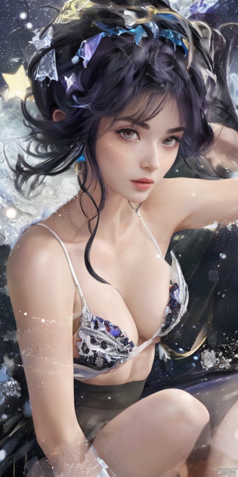  1girl, dance,hand,Fairy, crystal, jewels,black, Crystal clear,solo, long hair, looking at viewer,black hair,jewelry, earrings,lips, makeup, portrait, eyeshadow, realistic, nose,{{best quality}}, {{masterpiece}}, {{ultra-detailed}}, {illustration}, {detailed light}, {an extremely delicate and beautiful}, a girl, {beautiful detailed eyes}, stars in the eyes, messy floating hair, colored inner hair, Starry sky adorns hair, depth of field, large breasts,cleavage,zj,
white bikini,hat,