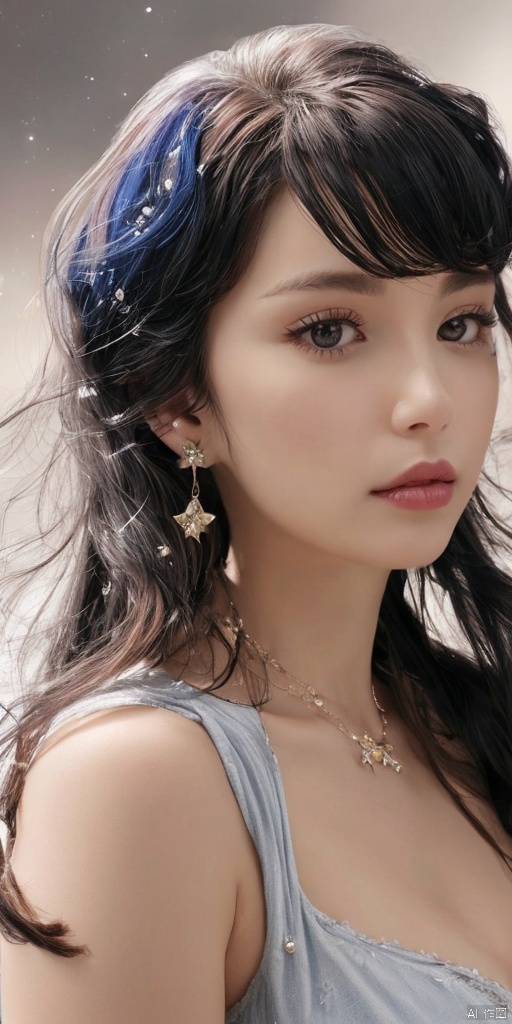  1girl, dance, Fairy, crystal, jewels,black, Crystal clear,solo, long hair, looking at viewer,black hair,jewelry, earrings,lips, makeup, portrait, eyeshadow, realistic, nose,{{best quality}}, {{masterpiece}}, {{ultra-detailed}}, {illustration}, {detailed light}, {an extremely delicate and beautiful}, a girl, {beautiful detailed eyes}, stars in the eyes, messy floating hair, colored inner hair, Starry sky adorns hair, depth of field, large breasts,cleavage,zj,
