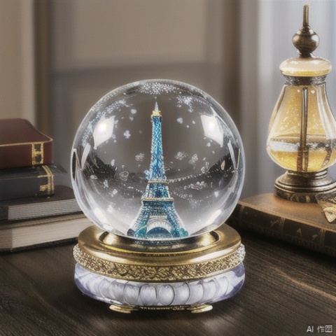 LED Music Crystal Snow Globe with Hourglass Vintage Paris Eiffel Tower Home Decoration for Living Room Bedroom Book Shelf TV Cabinet Desktop Decor Table Centerpieces Ornaments (A - Brass)