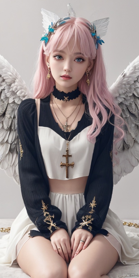  1girl, dance, Fairy, crystal, jewels,black, wings,Holy Light,As white as rosy clouds, 
1girl, solo, long hair, looking at viewer, blush, bangs, blue eyes, hair ornament, long sleeves, hair between eyes, jewelry, sitting, very long hair, closed mouth, blue hair, earrings, wings, choker, virtual youtuber, necklace, star \(symbol\), sweater, sleeves past wrists, black choker, halo, cross, feathered wings, puffy long sleeves, angel wings, star hair ornament, white wings, angel, star earrings, cross necklace, latin cross, star necklace,pink hair,