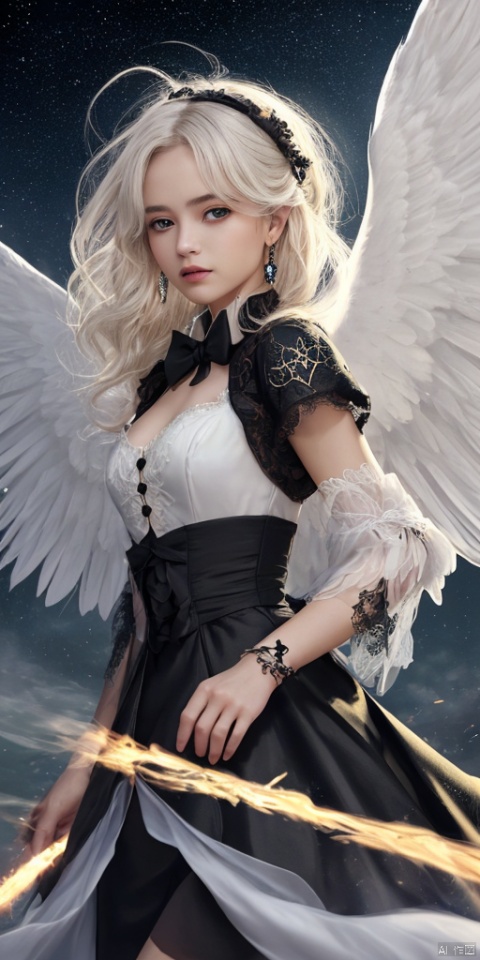  1girl, solo, short hair, simple background, black hair, jewelry, earrings, black eyes, lips, portrait, realistic,feathered wings, angel wings, white wings,zj(((masterpiece))),best quality, illustration,beautiful detailed glow,(beautiful detailed eyes), (dark magician girl:1.1),big forhead,flower,large top sleeves,Floating ashes, Beautiful and detailed explosion, red moon, fire,Fire cloud, Wings on fire, a cloudy sky, smoke of gunpowder, burning, black dress, (beautiful detailed eyes),expressionless,beautiful detailed white gloves, Dove of peace, (floating cloud:1.2),azure hair,disheveled hair,long bangs, hairs between eyes, black kneehighs, black ribbon,white bowties,midriff,{{{half closed eyes}}},white_dress