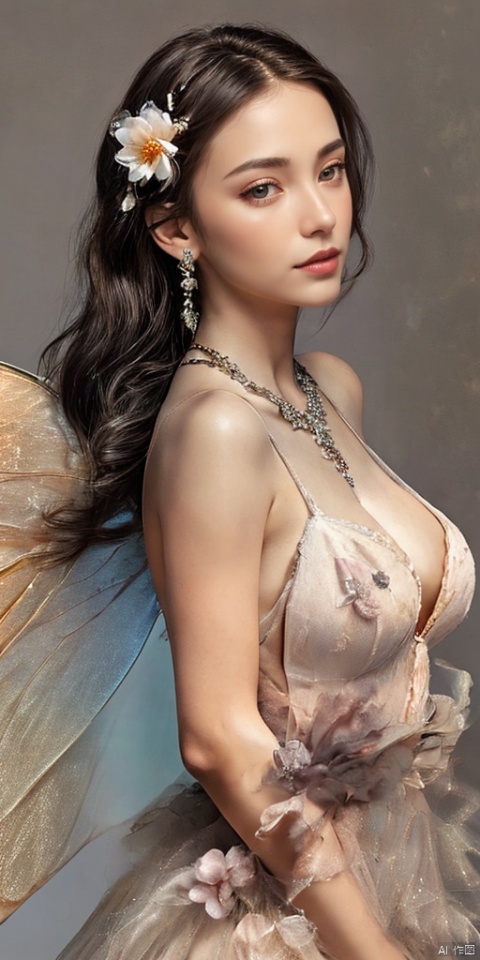  1girl, dance, Fairy, crystal, jewels,black, Crystal clear,solo, long hair, looking at viewer,black hair,jewelry, earrings,lips, makeup, portrait, eyeshadow, realistic, nose,{{best quality}}, {{masterpiece}}, {{ultra-detailed}}, {illustration}, {detailed light}, {an extremely delicate and beautiful}, a girl, {beautiful detailed eyes}, stars in the eyes, messy floating hair, colored inner hair, Starry sky adorns hair, depth of field, large breasts,cleavage,zj,
1girl, solo, long hair, breasts, black hair, hair ornament, dress, brown eyes, jewelry, full body, braid, flower, wings, barefoot, hair flower, grey background, necklace, white dress, twin braids, bracelet, lips, see-through, realistic, fairy wings, fairy, butterfly wings