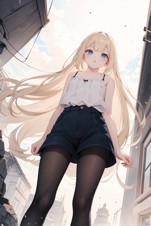 (official art, 8k wallpaper, ultra detailed, high quality, best quality:1.1),(double exposure),(red and white theme:1.2),white background,limited palette,movie style filter,vintage filter,dutch angle,(from below:1.3),outdoors,1girl,blonde hair,camisole,black pantyhose,(atmospheric perspective:1.2),light particles,blurry,depth of field,blurry background,highly transparent skin,by wlop,