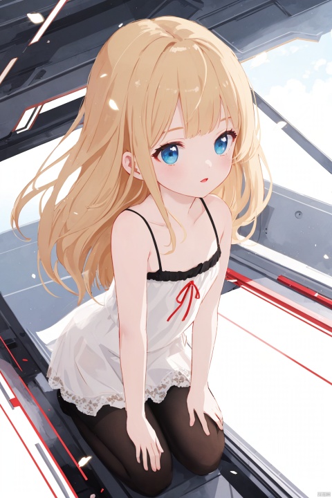 (official art, 8k wallpaper, ultra detailed, high quality, best quality:1.1),(double exposure),(red and white theme:1.2),white background,limited palette,movie style filter,vintage filter,dutch angle,(from above:1.3),outdoors,1girl,blonde hair,camisole,black pantyhose,(atmospheric perspective:1.2),light particles,blurry,depth of field,blurry background,highly transparent skin,by wlop,