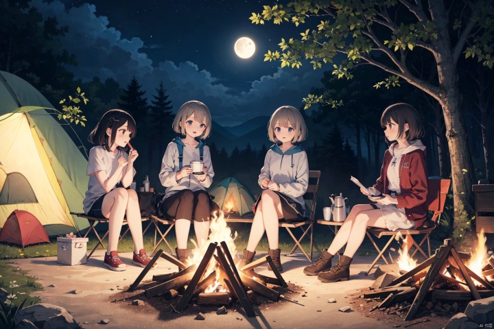 masterpiece, best quality, official art, extremely detailed CG unity 8k wallpaper, night, moon, 4girls, (camping:1.3), bonfires, barbecues,