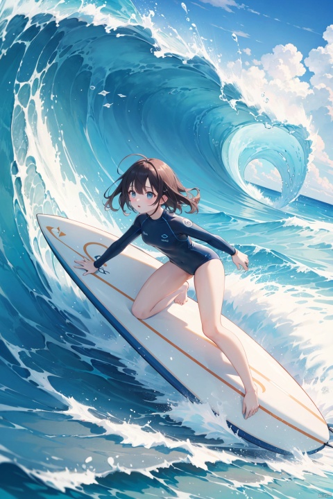 masterpiece, best quality, official art, extremely detailed CG unity 8k wallpaper, day, sun, girl, solo, competition swimsuit, ocean, (surf riding, surfing, realism:1.2),