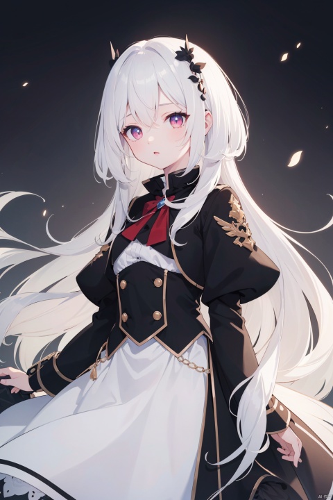 (((masterpiece))),(((best quality))),((ultra-detailed)),((illustration)),((extremely detailed CG unity 8k wallpaper)),(colourful),(beautiful detailed eyes),dramatic,hair glows,cinematic lighting,handsome,red eyes,long hair,white hair,cute girl,black coat,
