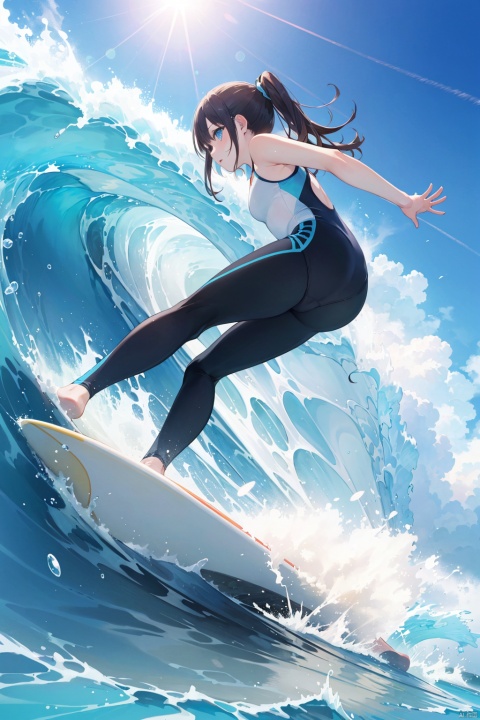 masterpiece, best quality, official art, extremely detailed CG unity 8k wallpaper, day, sun, girl, solo, competition swimsuit, ocean, (surf riding, surfing, realism:1.2),