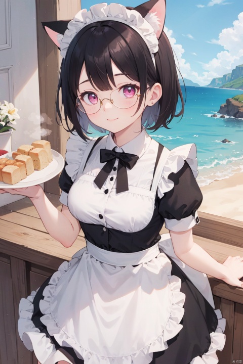 Original, (illustration: 1.1), (best quality), (masterpiece: 1.1) (indoor: 0.5), (panorama: 1.4), (volume: 1.05), (solo: 1.2), clear sharp focus, {1girl}, short hair, Cat's ears (Steamed cat-ear shaped bread), (maid's outfit: 1.2), (half frame glasses), outdoor, facing the camera, gentle smile, pure, beautiful face and eyes, exquisite facial details, large breasts, (bare chest: 0.5) black hair, Pink eyes,Random actions
