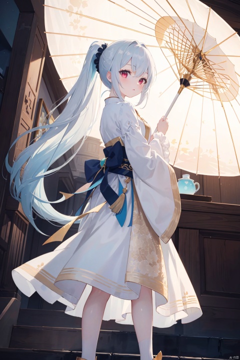 ((masterpiece)),((best quality)),((official art)),(extremely detailed CG unity 8k wallpaper),((highly detailed)),((illustration)),(from the Side below),full body,((an extremely delicate and beautiful girl with silver long hair and scrunchie)),looking to the side,(solo:1.4),(wearing light cyan hanfu with gold silk thread-like pattern ),puffy long cyan sleeves,(waist hangs a delicate round jade pendant and a white scabbard),holding oil-paper umbrella,dryzzle,(stand at the lively bazaar),masterpiece,best quality,masterpiece,best quality,(silver hair),(long hair),(red eyes),(long high ponytails),((1girl)),solo,