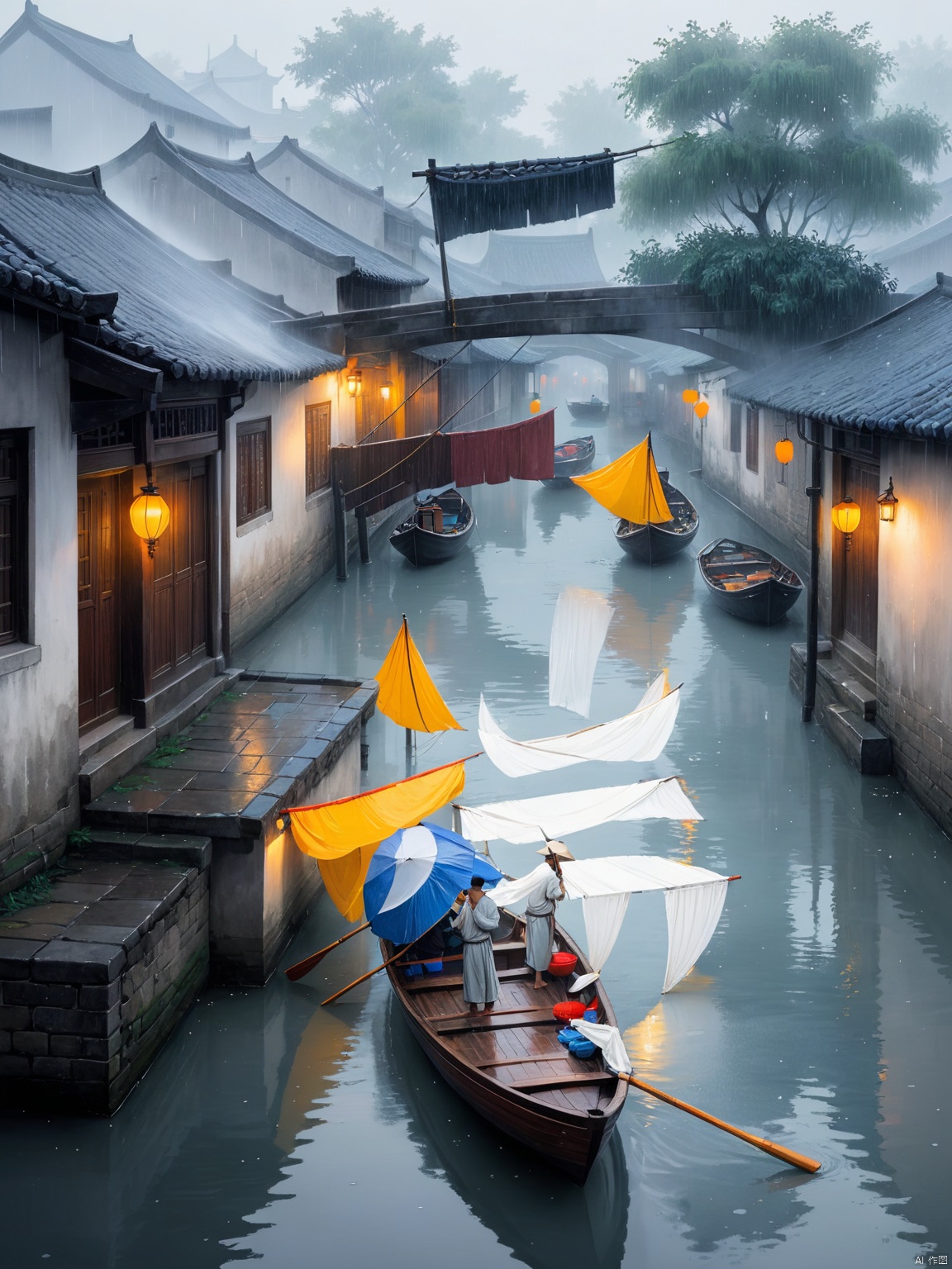  Thick coated Chinese comics, textbook illustrations, Feng Zikai, Eastern poetry and painting, Jiangnan water town, misty rain, small boat, old man, large area of white space, minimalist, texture frosted, crayon colored ink, high-quality, 32K, high-quality, masterpiece, perfect composition,