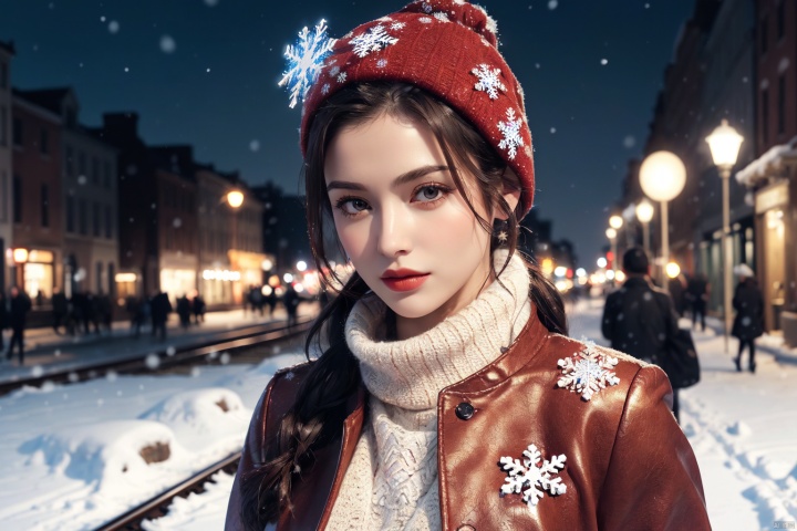  A girl,skirt,dark red boots,detailed facial details,detailed clothing texture details,detailed hair details,detailed skin details,photo level skin material texture,dindar light,fresnel reflection,8K,highres,movie filters,depth of field,cityscape,greco-roman architectur,street lamp,railway,building_ruins,night,stars,((winter)),(((snowflakes))),((red and white flowers)),